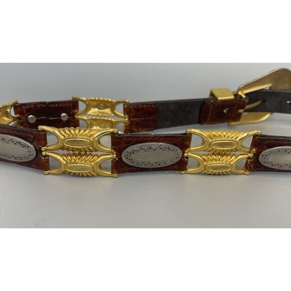 Vtg 80s Lady Captiva Leather Metal Western Belt Women MED Brown Gold Rodeo Bling - Picture 5 of 8